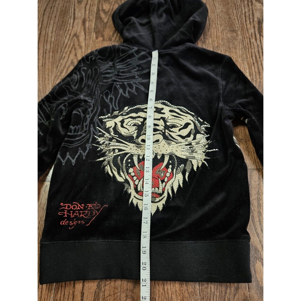 Rare Vtg Ed Hardy Velour Black Christian Audigier Tiger Zip Up Hoodie Sz XS Y2K - Picture 9 of 14